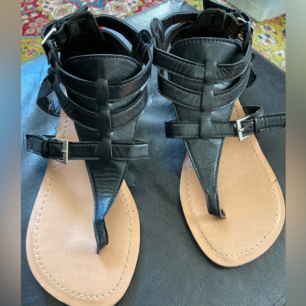 Jules & James Black Vegan Leather Gladiator Sandals SZ 7 #3 adjustable straps